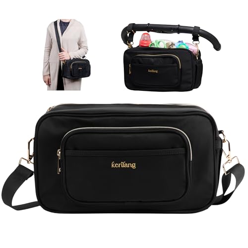 Image of kerilang Universal Stroller Caddy with Cup Holder, Waterproof Small Diaper Bag, Stroller Organizer with Shoulder Straps, Baby Travel Bag with Wipes Pocket