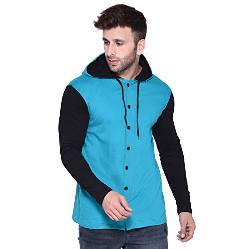 Image of Geum Men's Full Sleeve Hooded T-Shirt with Button-Down Front | Casual Slim Fit Cotton Shirt-Style Tee