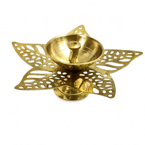 Image of Klassic 1.4 Inch Pure Brass Leaf Design Akhand Deep Vilakku | Small Center Wick Diya for Daily Puja, Home Temple, Festive Worship, Housewarming & Return Gifts