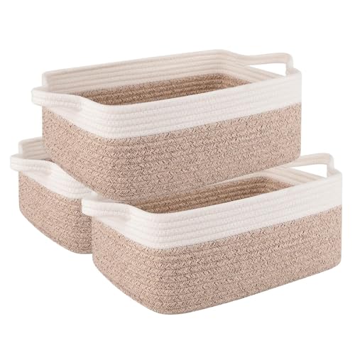 Image of LUFEIS Cotton Rope Storage Basket, 3 Pack Storage Baskets for Shelves, Decorative Woven Baskets for Towels, Books, Toys, Empty Baby Gift Basket for Nursery, 32.5 x 22.5 x 14 cm (White & Brown)