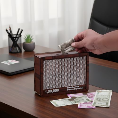Image of Wooden Money Bank with Savings Tracker | 100000 Goal Piggy Bank for Kids | Cash Collection Toy with Savings Chart (Brown, Target : 1 Lakh (1 Pc))
