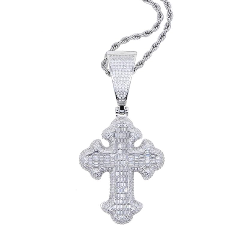 Hip Hop Vintage Cross Pendant Necklace Iced Out Shiny Square White Cubic Zircon Jewelry