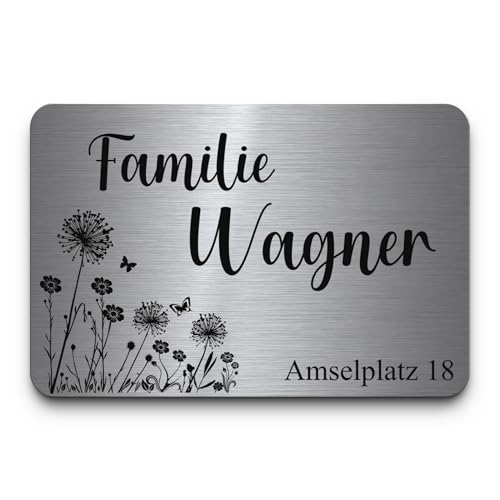 Edelstahl Schild personalisiert mit Gravur - graviertes Namensschild ab 8x5 cm abgerundete Ecken - von klein bis groß - Türschild Briefkastenschild Klingelschild - selbstklebend o. Bohrung