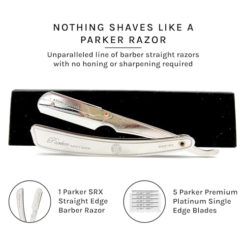 Parker SRX 100% Aço Inoxidável Straight Edge Barber Razor Profissional & 5 Parker Premium Meia Lâmin
