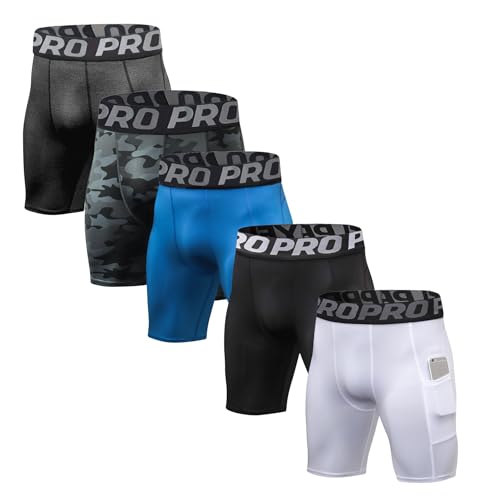 BEGIANT Lot de 3/5 Shorts Compression Sport Homme sous Vêtement de Sport à Séchage Instantané Poche Sécurisée Cuissard Velo Fitness Musculation,Noir/Bleu/Blanc/Carbone/Camouflage Noir,Taille L