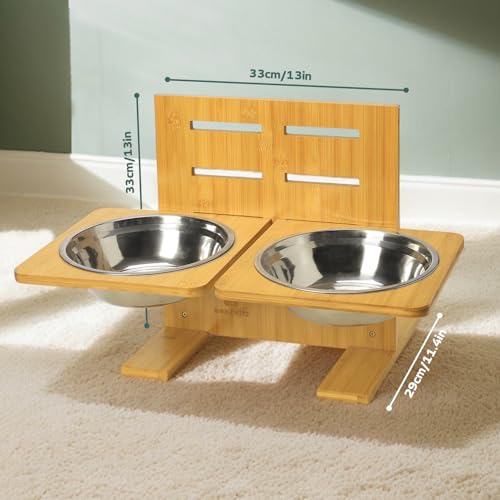 Mora Pets Hundenapf Erhöht Futternapf für Hund mit 4 Höhenverstellbar Futterstation Hunde Napfset aus Bambus Hundebar für Kleine, Mittelgroße, Große Hunde, mit 2 Edelstahl Hundeschüsseln (1,5L x 2)