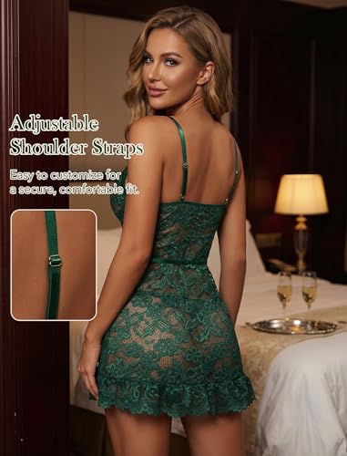 Image of Girece Sexy Lingerie for Women Babydoll Lingerie Dress Lace Chemise Nightgown with Adjustable Straps, Ruffle Hem G String