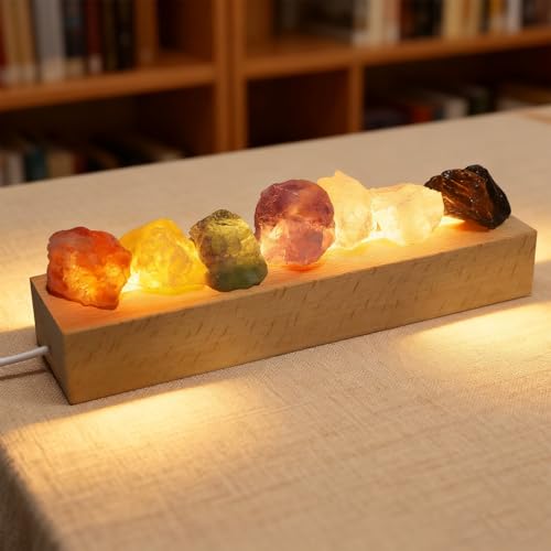 Boule de Cristal Chakra, Lampe de Nuit Led, Mini Lampe Pierre de Sel avec 7 Couleurs, Lampe de Table Led en Cristal, pour Décoration D'Intérieur et Cadeau, Forme Naturelle, Base en Bois de Qualité Su