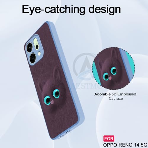 Image of AESTMO Back Case Cover for Oppo Reno 14 5G Back Cover | 3D Cat Cover | Leather Finish | Full Body Protection | Camera Protection Back Cover for Oppo Reno 14 5G (Purple)