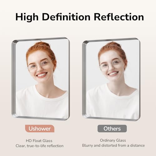 Image of USHOWER Brushed Nickel Bathroom Mirror 22 inchx30 inch, Silver Rectangle Mirror for Over Sink, Rounded Corner, Aluminum Frame, Anti-Rust, Tempered Glass, Horizontal or Vertical Mounted