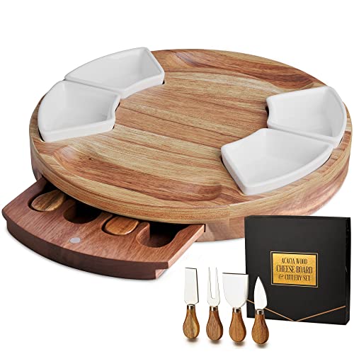 Premium Cheese Cutting Board Set - Charcuterie Board Set and Cheese Serving Platter - 13 inch Meat/Cheese Board w/ Knife Set incl 4 Knives and 4 Bowls Server Plate