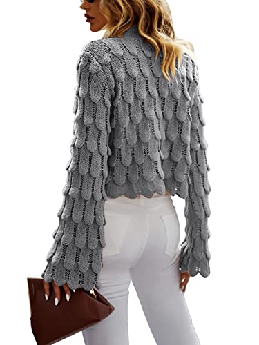 Sweatyrocks Women's Long Bell Sleeve Mock Neck Top Knitted Lightweight Pullover Sweater Light Grey L #TOP1