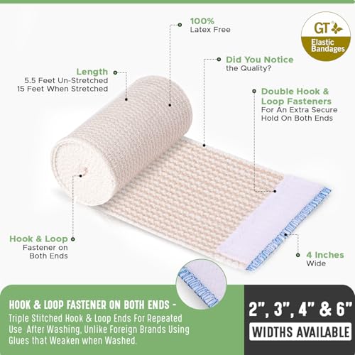 Premium Elastic Bandage Wrap (4" 6 Pack) - Hook & Loop Fasteners at Both Ends - Latex Free Hypoallergenic Compression Roll - Reusable Bandages for Waist, Legs, Elbow & Knee Wrap - Thumbnail 5