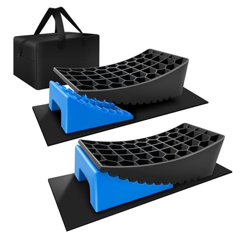 HOXWELL RV Leveling Blocks System, 2 Packs Camper Leveling Blocks System with 2 Chocks, Curved Trailer Leveling Blocks with Rubber Anti-Slip Mats and Carry Bag, 35000 G.V.W, Blue by HOXWELL - Used condition - US$26.41