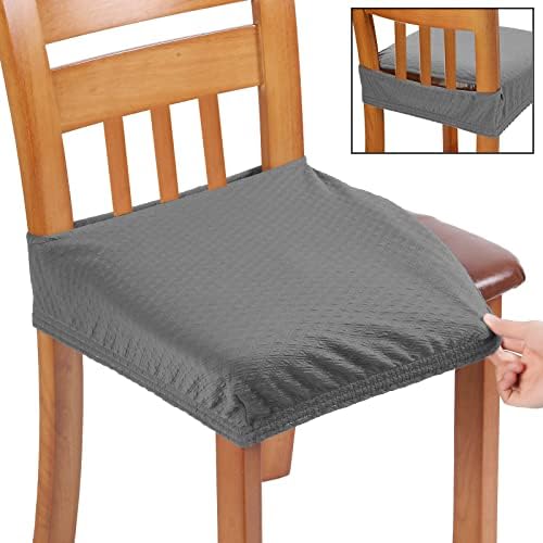 BUYUE Fast Installation Dining Room Chair Covers Set of 4, Luxury Stretch Jacquard Seat Slipcovers for Kitchen Armless Chairs, Rear Gapped- Grey- 4