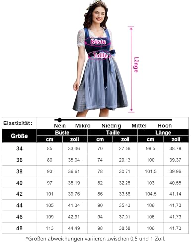 KOJOOIN Dirndl Damen Trachtenkleid Kurz Set Dirndl-Komplettset Midi 3tlg. für Oktoberfest inkl. Kleid, Bluse, Schürze (Verpackung MEHRWEG),Bluishgrey,36