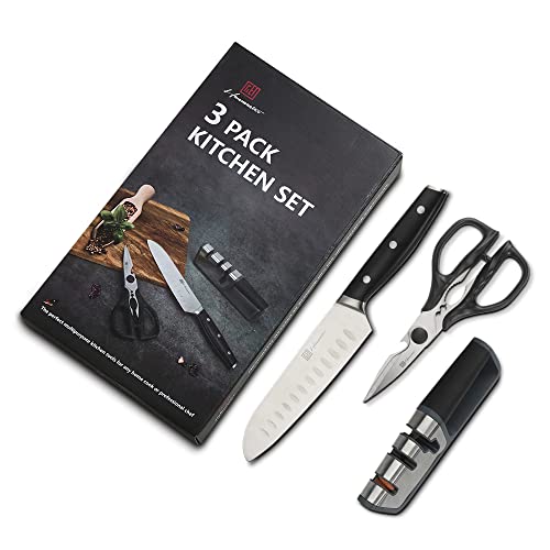 Hanmaster 8-Inch German Steel Sharp Chefs Knife，7-Inch Santoku Knife, Knife Sharpener, Kitchen Scissors. #TOP1