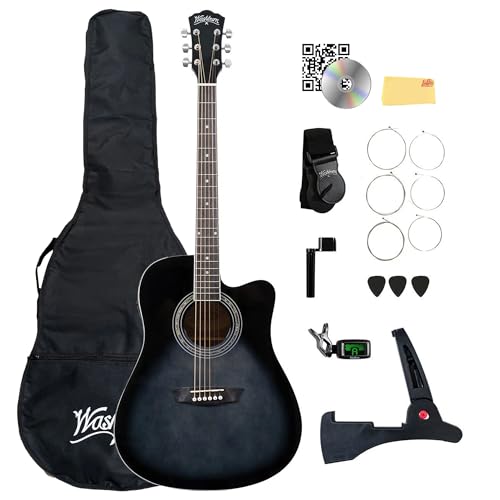 Washburn WA90CE Kit de guitarra acústica-eléctrica – Paquete negro con bolsa de concierto, correa,...
