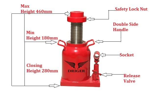 Driger Heavy Duty 100 Ton Capacity Hydraulic Bottle Jack for Trucks, Lorry, Buses - 460 mm Maximum Lifting Height - Image 2