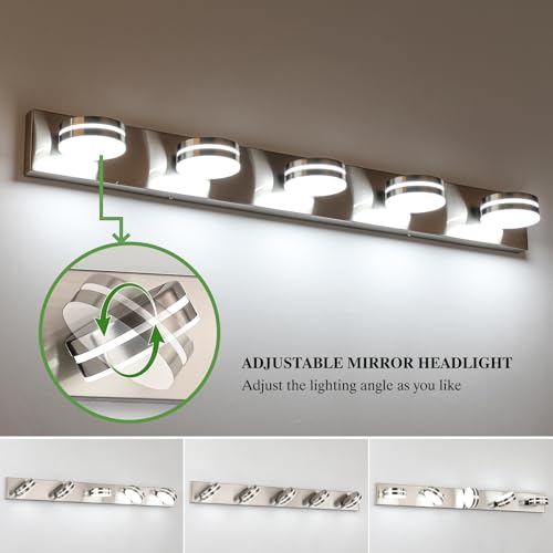 Brushed Nickel Bathroom Light Fixtures Over Mirror, 5-Light Bathroom Vanity Light, LED Dimmable Bath Lights, Modern Wall Mounted Lighting Fixture with Rotating Lamp Head by Bicrink - Image 3