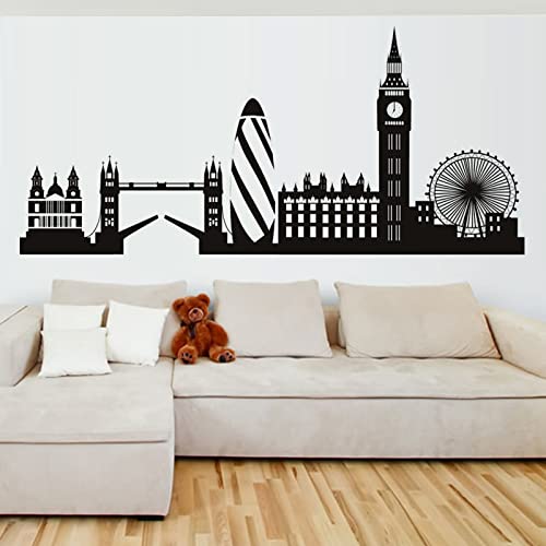 HEBIQUAN London Skyline Sticker City Silhouette Royaume-Uni Londres Paysage Sticker Salon Chambre Bureau Maison Art Mural, Noir, 59cm X 28cm