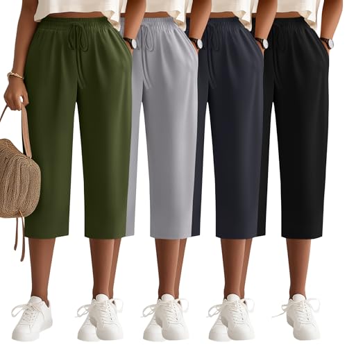 Neer 4 Pack Women's Capri Pants, Cotton Drawstring Yoga Capri