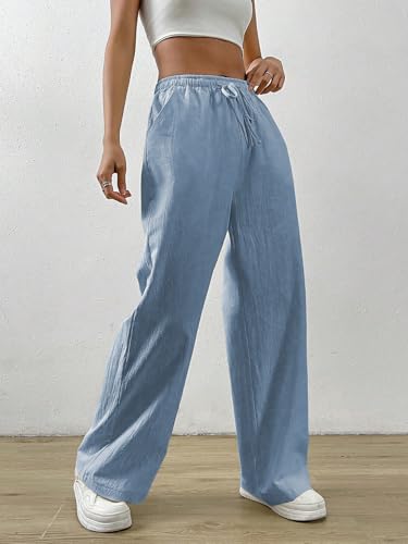 Image of TOPLOT Women's Linen Blend Wide Leg Palazzo Pants | Elastic Drawstring Waist Trousers for Woman | Relaxed Fit Casual Lounge Trousers | Breathable Straight Leg Everyday Bottom Wear (5268)