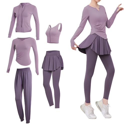 Ensemble fitness femme 5 pièces avec haut manches longues et legging jupe XXL