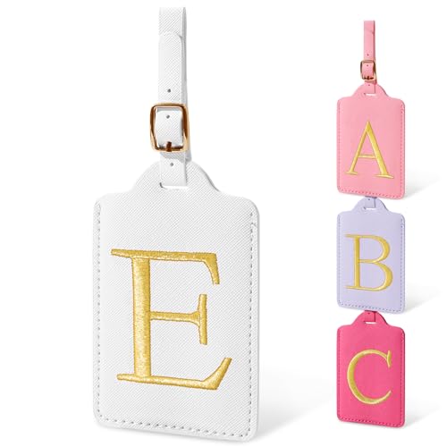 Image of Initial Luggage Tags for Suitcases, Cute Embroidered Letter Luggage Bag Suitcase Identifier Name Baggage Tag, PU Leather Travel Luggage Tags, Bag Tags for Men Women Kids Luggage Handbags(White E)