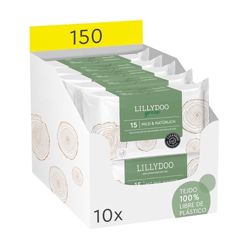 Toallitas húmedas naturales LILLYDOO green, 10 paquetes de 15 (150 unidades), 100% tejido sin plásticos y sin fragancias