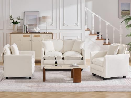 Image of Cloud 3 Pieces Sofa Set, 1+1+2 Seater Couch, Modern Sofas Sets with Deep Seat, Modular Sectional Couches Sets for Living Room, Bedroom, Small Apartment, Beige