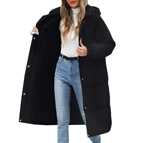 Jbsabotad Winter Jackets For Women Uk Mid-Lenght Puffer Jackets Women With Hood Solid Color Long Sleeve Quilted Down Jacket Comfortable Warm Parka Coat Waterproof Loose Fit Cotton Coat With Pockets