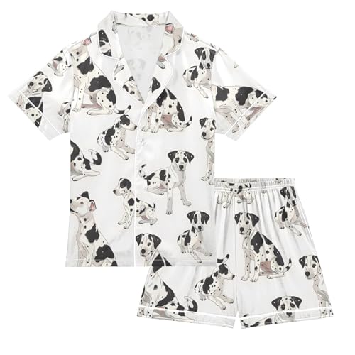 ALAZA Spotted Puppy Dog White Pajamas Satin Pajama Set Short Sleeve Button Down Sleepwear