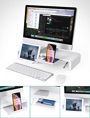 Monitor Stand Riser, Klearlook Foldable Computer Monitor Stand, Width Adjustable Computer Monitor Riser Desk Organizer With Storage Drawer, Tablet Phone Stand For Laptop Pc Printer (White) #TOP1