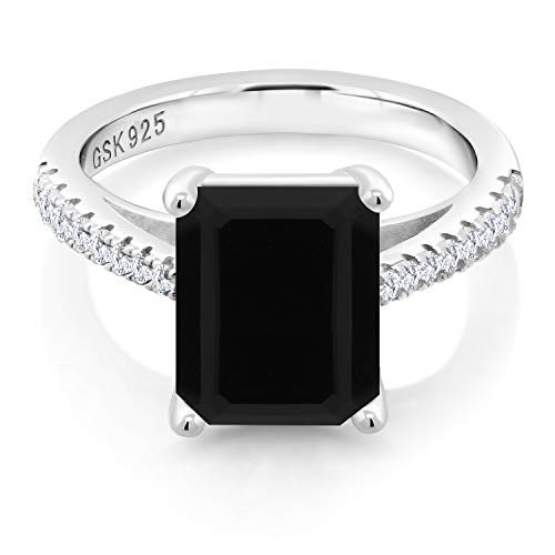Gem Stone King 3.39 Cttw Black Onyx and White Created Sapphire Wedding Engagement Ring For Women | 925 Sterling Silver | Gemstone Birthstone | 10X8MM Emerald Cut | Available In Size 5, 6, 7, 8, 9