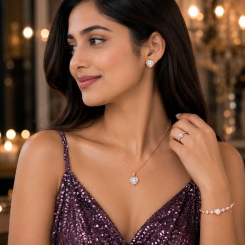 Image of Nilu's Collection Rose Gold And Silver Plated Heart Shape Jewellery Set For Women