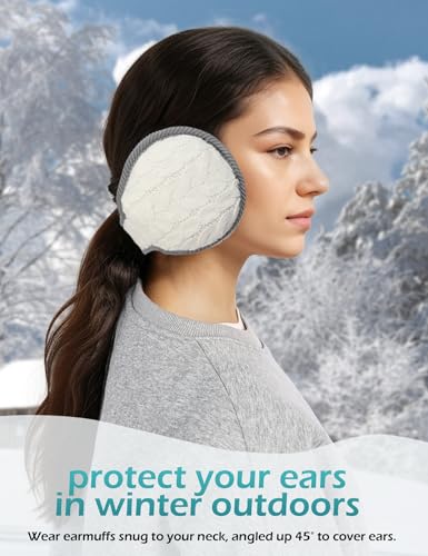 Surblue Unisex Warm Knit Cashmere Winter Pure Color Earmuffs with Fur Earwarmer, Adjustable Wrap,White,Large