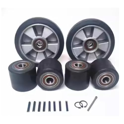 Rodillos for transpaletas, rodillos for transpaletas Rodillo de carga de goma 2 volantes de 200 x 50 mm, 4 rodillos de carga frontal de 80 x 70 mm con rodamientos ID 20 mm Capacidad de carga silencios