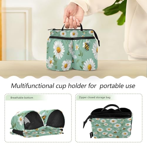 Image of Luggage Cup Holder for Suitcases Free Hands Suitcase Cup Holder Travel Luggage Drink Holder Portable Luggage Cup Caddy Bag Carrier with Handle Mint Green Daisy Flowers and Bees