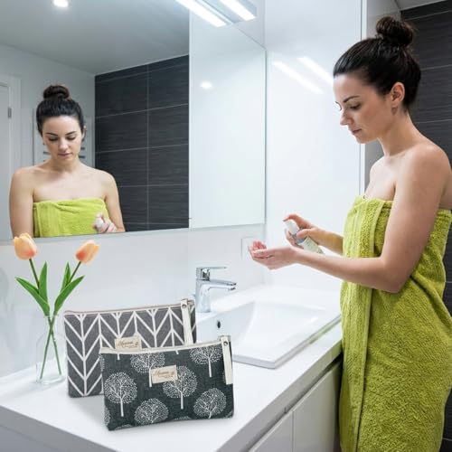 Image of MAYCREATE 2Pcs Canvas Makeup Pouch Bag Zipper Small Makeup Organisers Cosmetic Bag for Lipstick Toiletries Stationeries, Portable Make Up Pouch for Woman Travel and Daily Use - Size 22x14cm