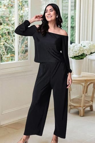 Image of POPWINGS Casual Wrinkle Full Sleeves Off-Shoulder Top and Palazzo Co-ord Set for Women || Co-Ords Set for Women Stylish Western || Top and Palazzos Set for Women|| 2 Piece Set for Women