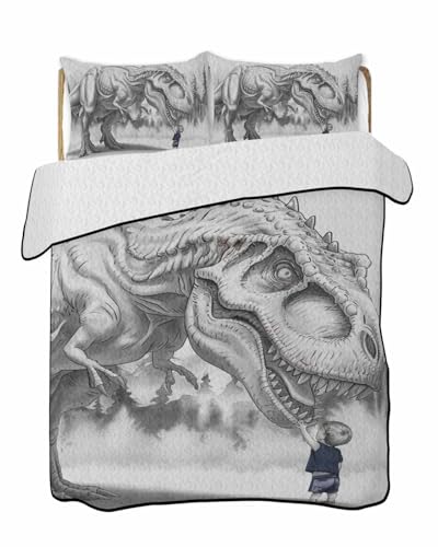Wowouhiya King Quilt Sets, Dinosaurs Boy Lightweight Bedspreads with 2 Pillow Shams, Gray Funny Cartoon Forest Animals Soft Summer Bed Coverlets 3 Pieces Bedding Set for All Season