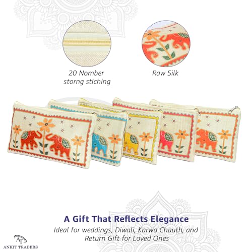 Image of Traditional Embroidered Zipper Purse for Women | Return Gifts for Baby Shower, Haldi, Mehendi, Wedding | Multicolor Ethnic Pouch Set