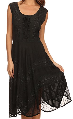 Image of Sakkas Sundara Stonewashed Rayon Embroidered Mid Length Dress