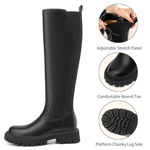 Women's Knee High Boots Fashion Platform Lug Sole Tall Riding Boots Comfortable Stretch Calf Dress Long Boots2