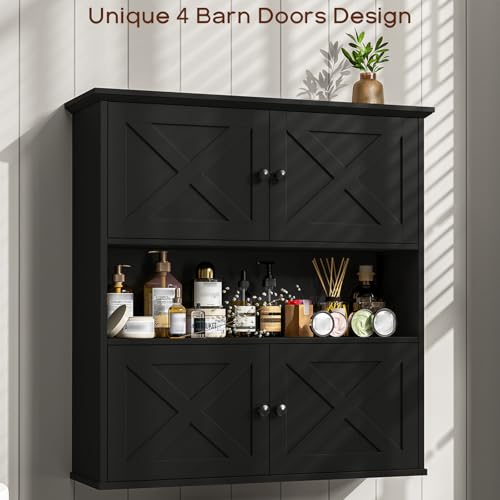 Image of Vabches Bathroom Wall Cabinet, Farmhouse Medicine Cabinet with 4 Barn Doors, Large Wooden Vintage Storage Cabinet Wall Mounted for Bathroom, Kitchen, Black