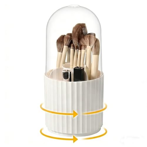 KHstylehoo Porte-Pinceaux de Maquillage Blanc avec Couvercle, Organisateur Tournant 360 Degrés, Pot Rangement pour Pinceaux de Maquillage, Contenant pour...