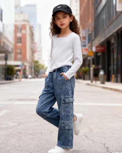 Image of Tween Girls Clothes 2 Piece Long Sleeve Top + Denim Cargo Pants, Teen Girls Fall Clothing Set, Sizes 5-12 Years