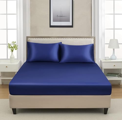 Image of RD TREND Microfiber Satin Weave Fitted Bedsheets for Queen Size Bed 78x60x10 Inch with 2 Pillow Covers-18x28 Inch | 400 TC All Around Elastic | Blue