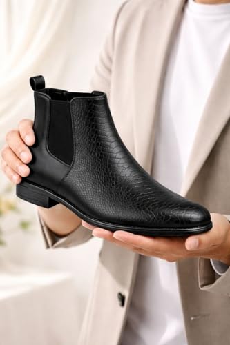 Image of Men's Leather Chelsea Boots | Ankle Boots with Textured Finish Formal & Smart Casual Boots | Comfortable Fit, Trendy, Stylish Boots | Leather Boots for Office /Fashionable
